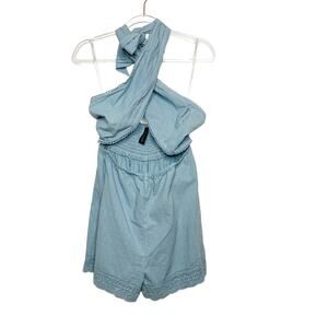 MINKPINK Cross Wrap Tie Backless Halter Romper Linen Blend Chambray Blue Size S